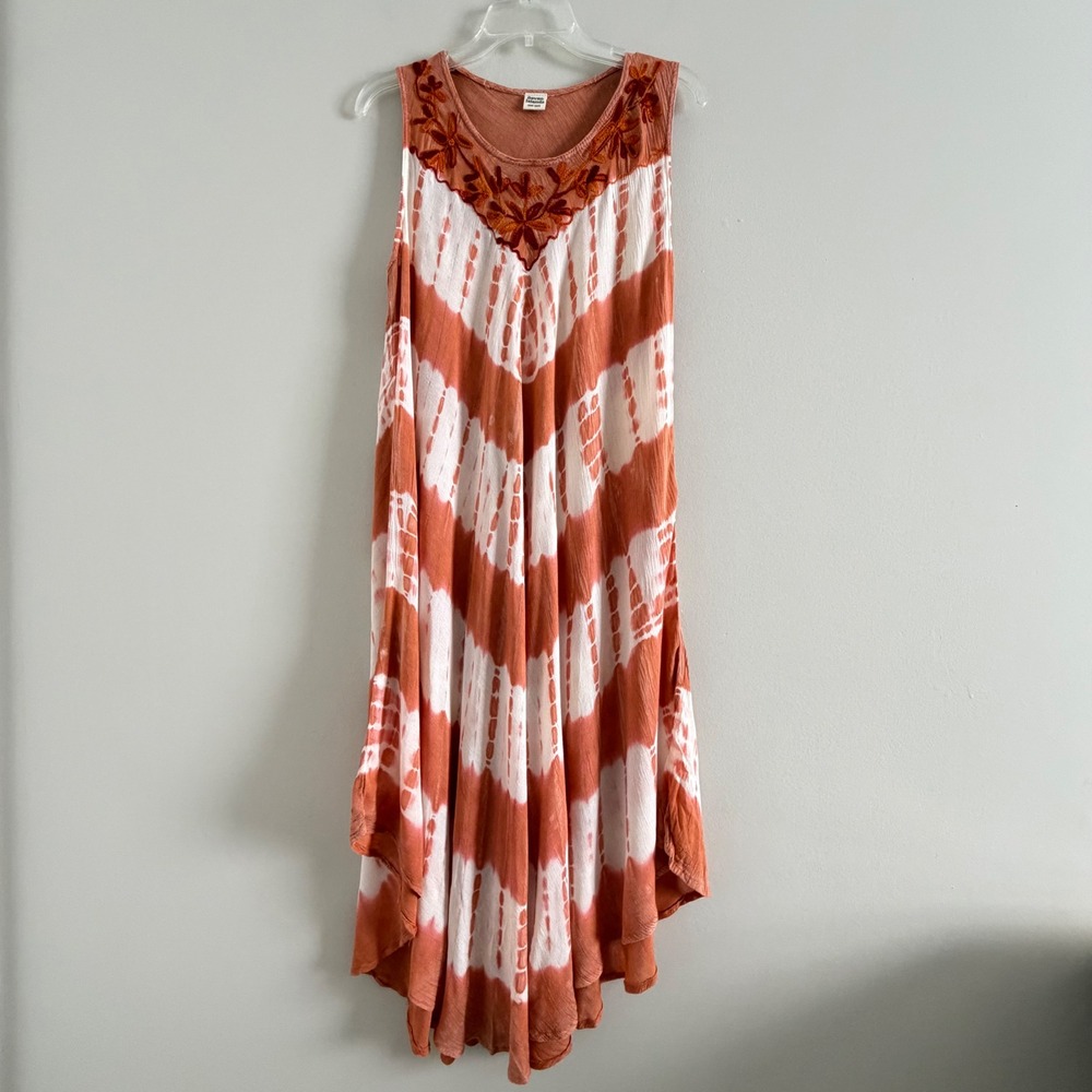 Seven Islands Womens Coral Tie Dye Boho Midi Dress Coverup Embroidered One Size